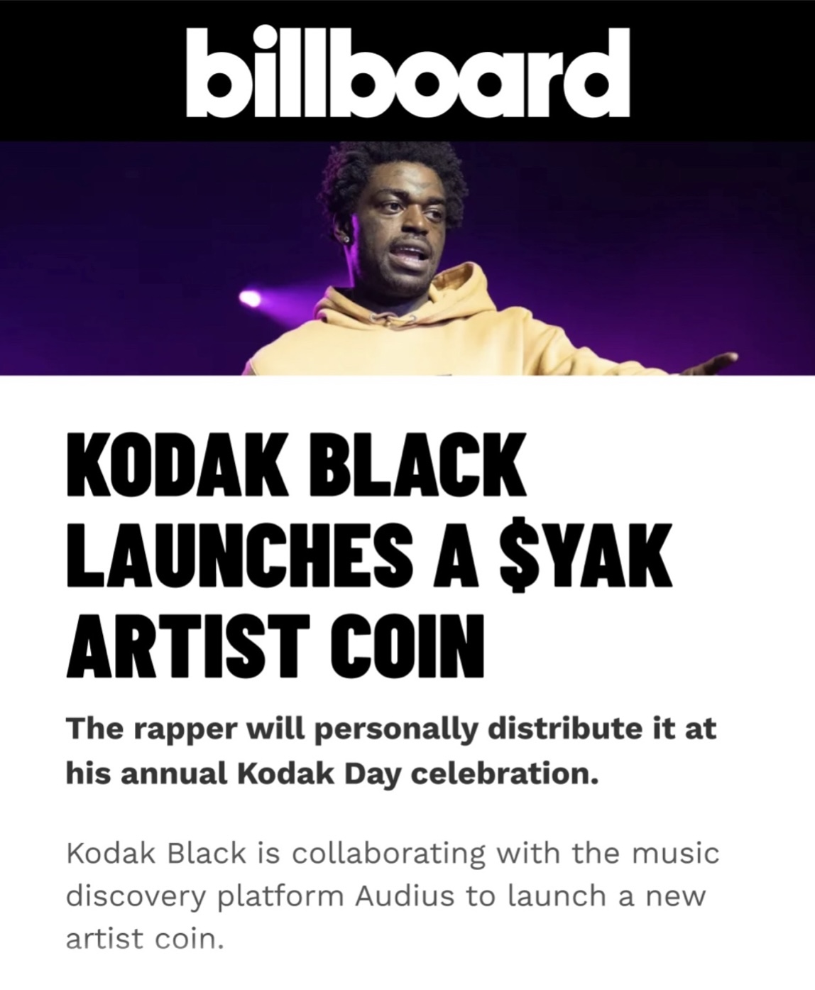 Billboard magazine feature on Kodak Black launching the $YAK artist coin